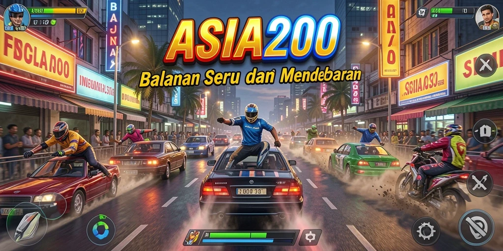 Screenshot utama ASIA200 menunjukkan aksi balapan mendebarkan di trek yang menantang.