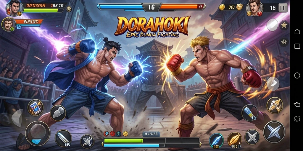 Screenshot utama DORAHOKI menampilkan aksi pertarungan yang seru dan dinamis.