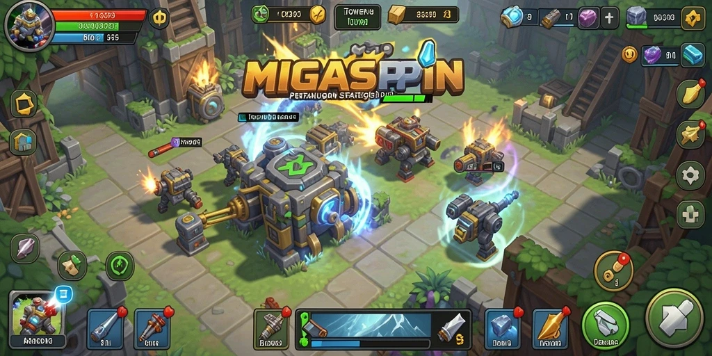 Screenshot gameplay MIGASPIN menampilkan pertarungan menegangkan di Tower Defense.