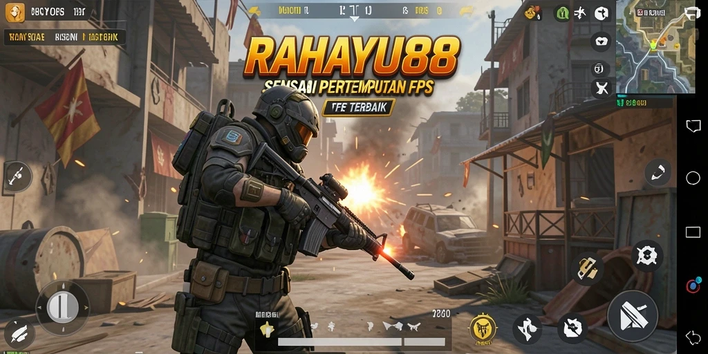 Screenshot utama RAHAYU88 menampilkan aksi pertempuran FPS yang intens.